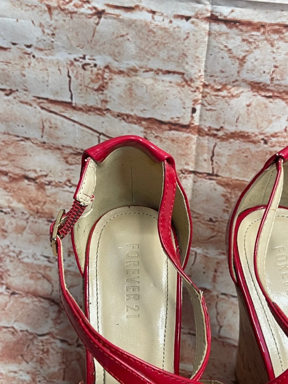Forever 21 Red Peep Toe Ulta High Patent Leather Wedges with Cork Platform